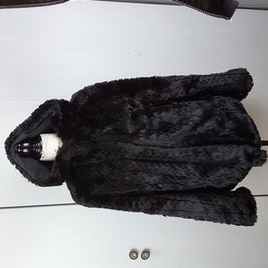 Worthington Womens Black Faux Fur Coat Reversible Fluffy Neutral Trendy! Sz.L